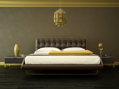 modern bedroom with brown wall and modern decor clipart