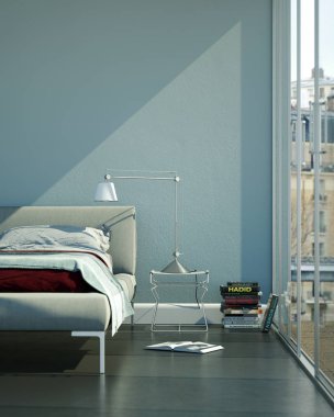 mavi duvar ve modern dekor ile modern yatak odası