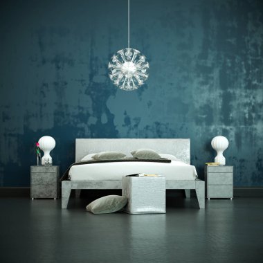 modern bedroom with blue wall and modern decor clipart
