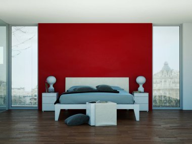 kırmızı duvar ve modern dekor ile modern yatak odası