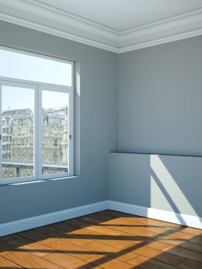 Boş oda gri beyaz duvarlar, pencereler ve parke