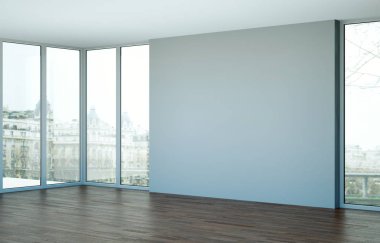 Boş oda büyük pencereler ve ozean manzaralı