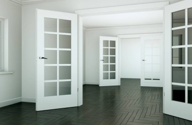 Beyaz kapılar ve parke boş oda