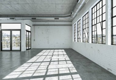 Beyaz duvarları büyük pencereler ve beton zemin boş loft Oda