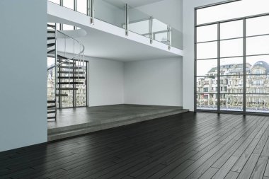 Beyaz duvarları büyük pencereler ve ahşap zemin boş loft Oda