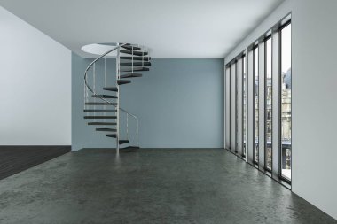 Beyaz duvarları büyük pencereler ve ahşap zemin boş loft Oda