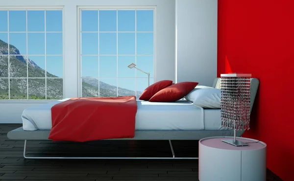 Modern bedroom with red wall and modern decor — Stock Photo, Image