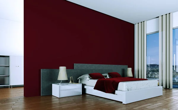 Kamar tidur modern dengan dinding merah dan dekorasi modern — Stok Foto