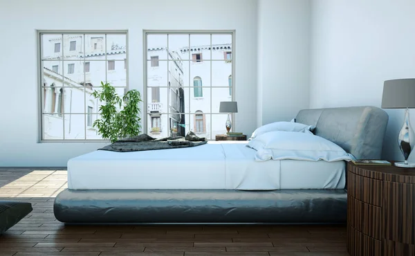 Nowoczesna sypialnia z łóżkiem typu king-size i nowoczesny wystrój — Zdjęcie stockowe