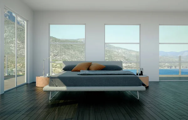 Kamar tidur modern dengan ukuran tempat tidur raja dan dekorasi modern — Stok Foto