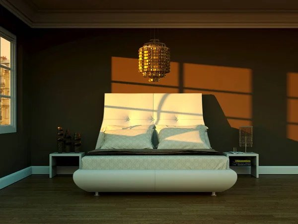 Nowoczesna sypialnia z łóżkiem typu king-size i nowoczesny wystrój — Zdjęcie stockowe