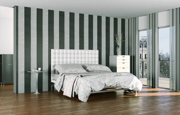 Kamar tidur modern dengan ukuran tempat tidur raja dan dekorasi modern — Stok Foto