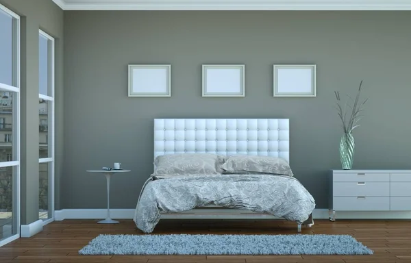 Nowoczesna sypialnia z szare ściany i nowoczesny wystrój — Zdjęcie stockowe