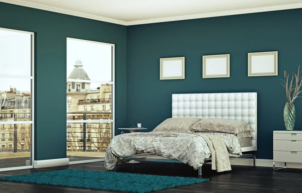 Mavi duvar ve modern dekor ile modern yatak odası — Stok fotoğraf