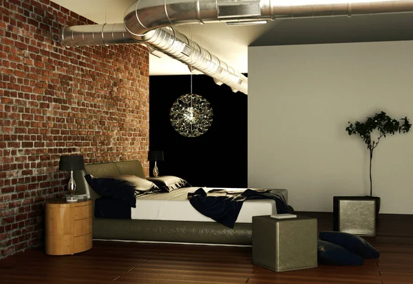现代卧室与石墙和现代装饰 — 图库照片