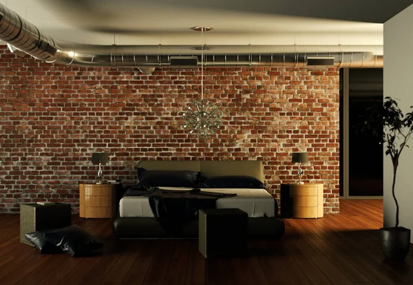 Modern bedroom with stone wall and modern decor — Stock Photo, Image