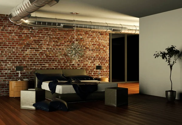 Dormitorio Moderno Con Pared Piedra Decoración Moderna Ilustración — Foto de Stock