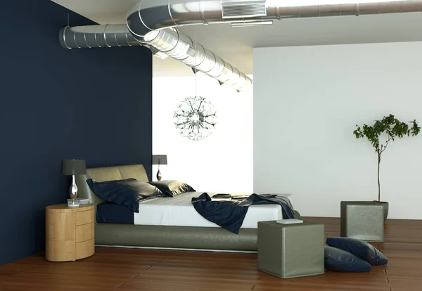 Moderne slaapkamer met blauwe muur en moderne inrichting — Stockfoto