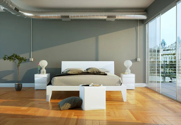 Moderne slaapkamer met kingsize bed en een moderne inrichting — Stockfoto