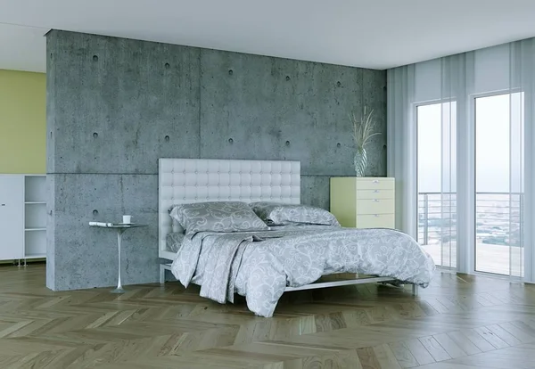 Kamar tidur modern dengan dinding beton dan dekorasi modern — Stok Foto