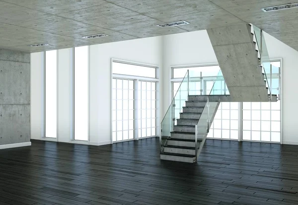 Moderno loft con dos plantas, ventanas y parquet — Foto de Stock