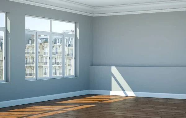 Pusty pokój szary białe ściany, okna i parkiet — Zdjęcie stockowe