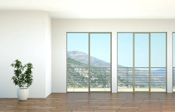 Boş oda büyük pencereler ve ozean manzaralı