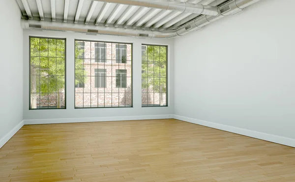 Habitación vacía con paredes blancas, ventanas y parquet — Foto de Stock