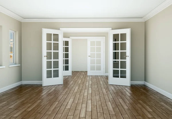 Quarto vazio com portas brancas e parquet — Fotografia de Stock