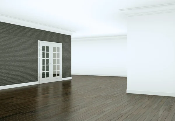 Пустой зал с белыми стенами, окнами и паркетом — стоковое фото