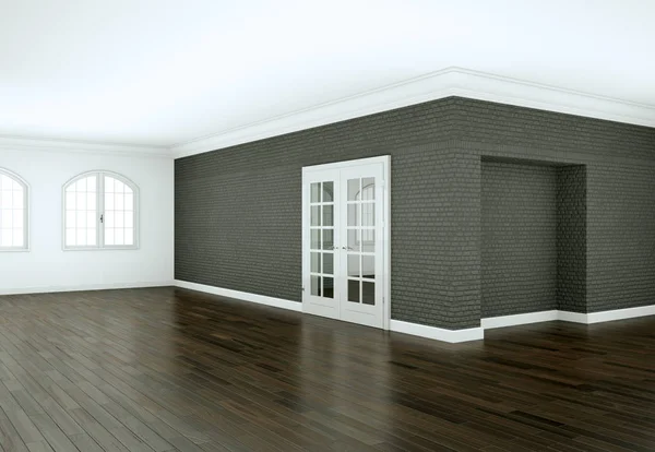 Quarto vazio com paredes brancas, janelas e parquet — Fotografia de Stock