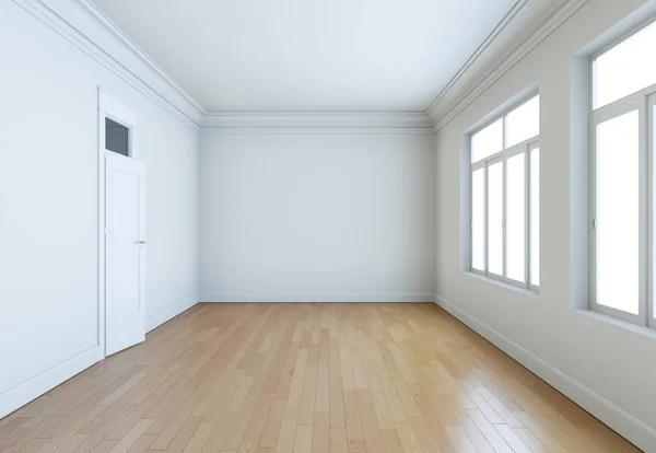 Habitación vacía con paredes blancas, ventanas y parquet — Foto de Stock
