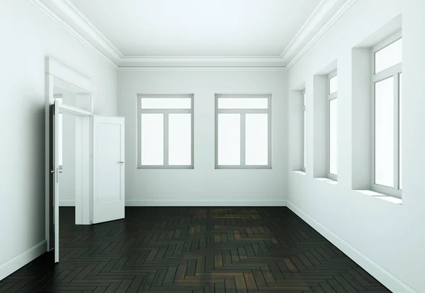 Пустой зал с белыми стенами, окнами и паркетом — стоковое фото