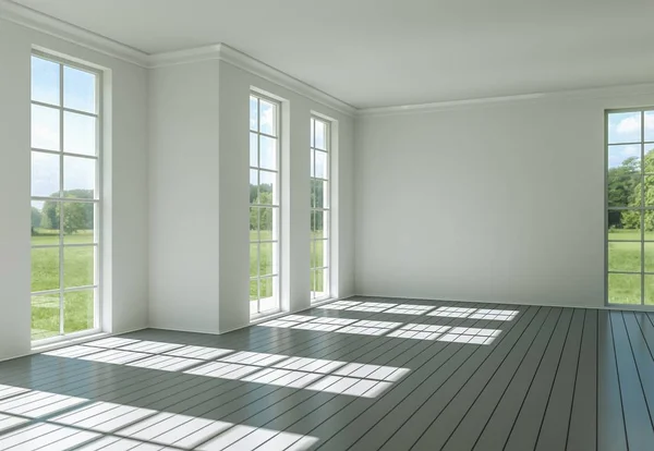 Habitación vacía con paredes blancas, ventanas y parquet — Foto de Stock