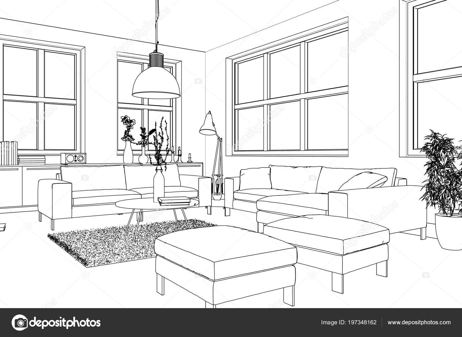 Cartoon Easy To Draw Sketch Cozy Living Room for Kids