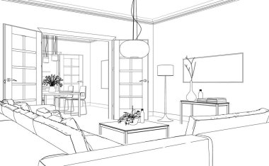 İç tasarım oturma odası özel çizim