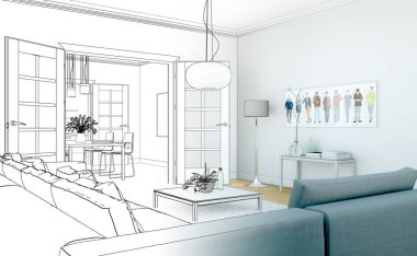 İç tasarım oturma odası çizimi geçiş fotoğraf içine