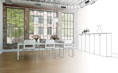 İç tasarım yemek odası çizimi geçiş fotoğraf içine