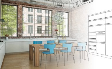 İç tasarım mutfak çizim geçiş fotoğraf içine