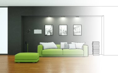 İç tasarım oturma odası çizimi geçiş fotoğraf içine