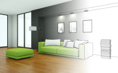 İç tasarım oturma odası çizimi geçiş fotoğraf içine
