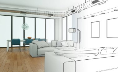 İç tasarım oturma odası çizimi geçiş fotoğraf içine