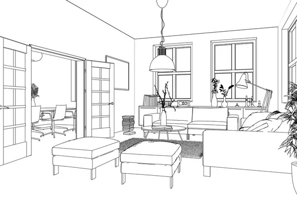 İç tasarım oturma odası özel çizim — Stok fotoğraf