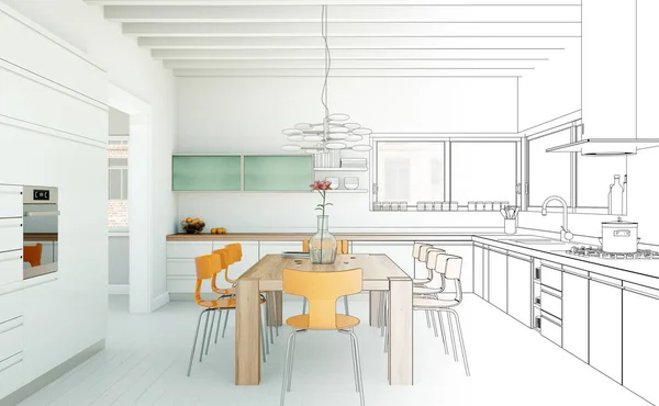 Interior Design Kitchen Drawing Gradation Into Photograph — Stock Photo, Image