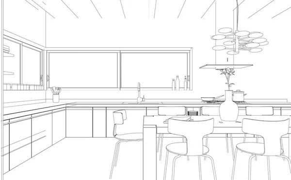 Interior Design modern Kitchen Drawing Plan — Stock Photo, Image