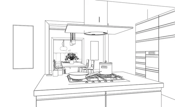 Design de interiores moderna cozinha desenho plano — Fotografia de Stock