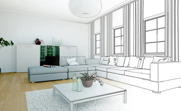İç tasarım oturma odası çizimi geçiş fotoğraf içine — Stok fotoğraf