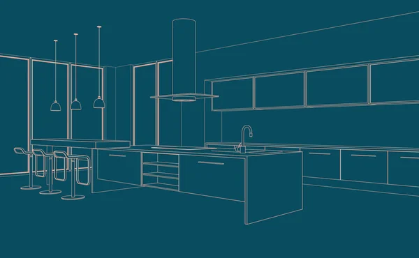 Interior Design modern Kitchen Drawing Plan — Stock Photo, Image