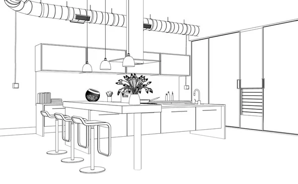 Projektowanie wnętrz nowoczesnych kuchni rysunku planu — Zdjęcie stockowe