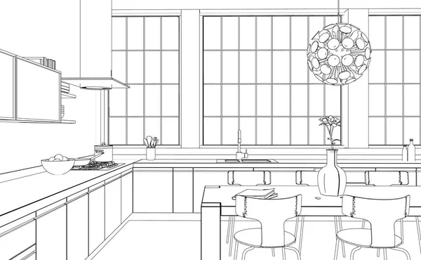 Interiérový Design moderní kuchyně výkresu plánu — Stock fotografie